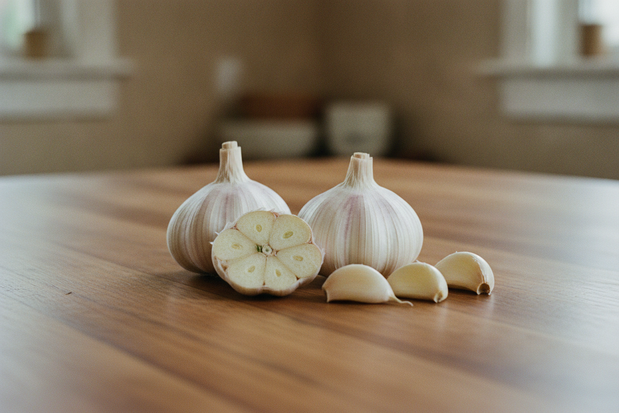 Bulbi e spicchi d'aglio freschi su tavolo di legno
