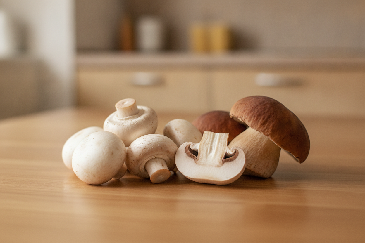 Funghi champignon e porcini freschi, uno tagliato a metà