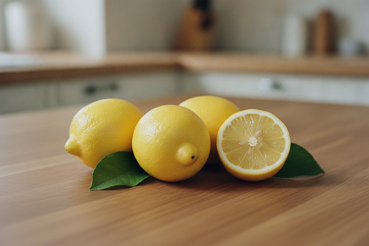 Limoni freschi con foglie e uno tagliato a metà