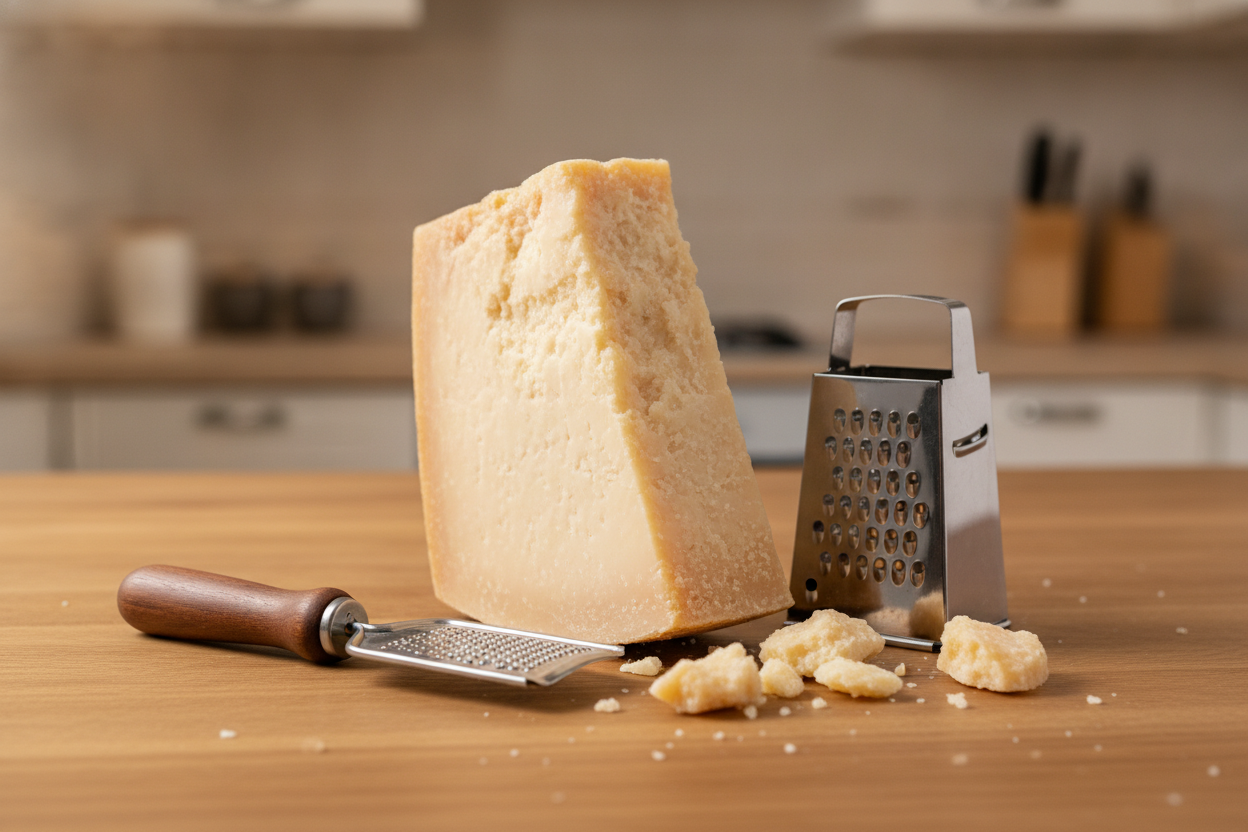 Pezzo di Parmigiano con scaglie e grattugia