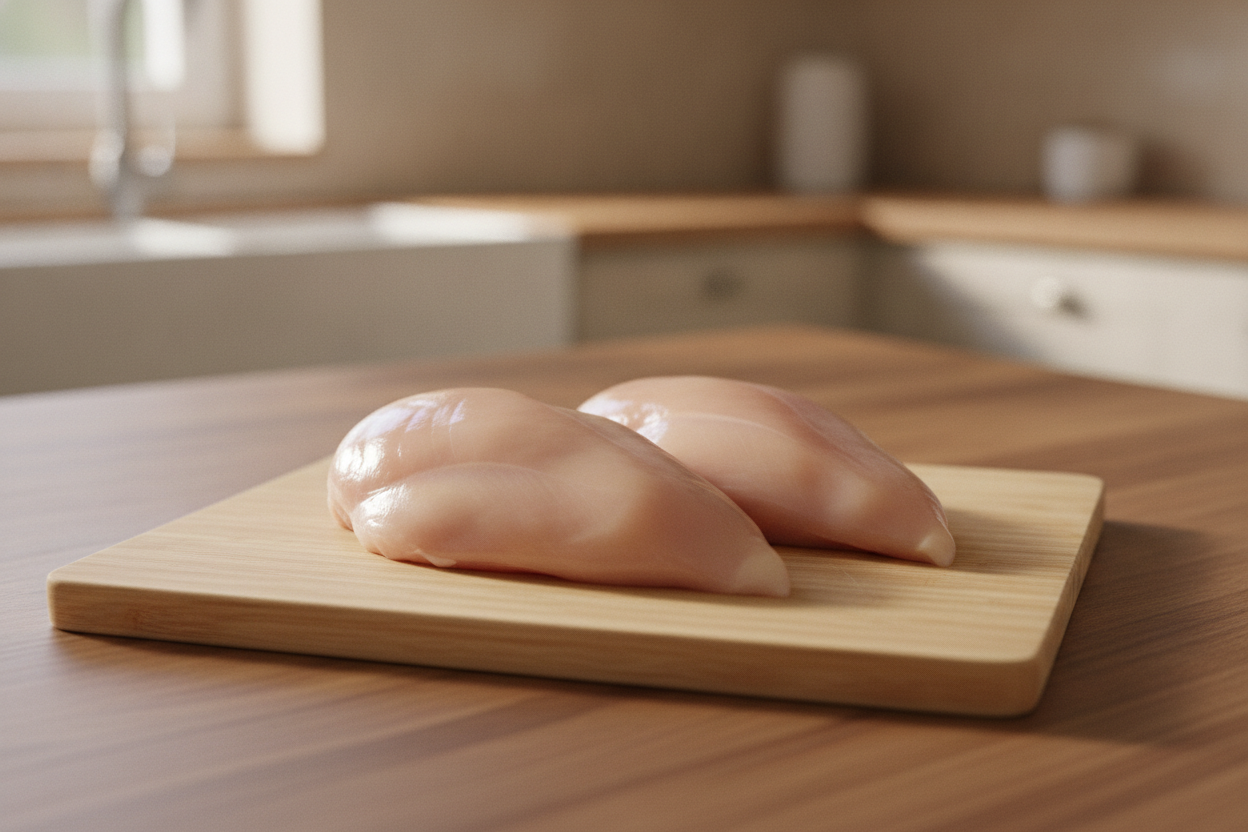Petti di pollo crudi su tagliere