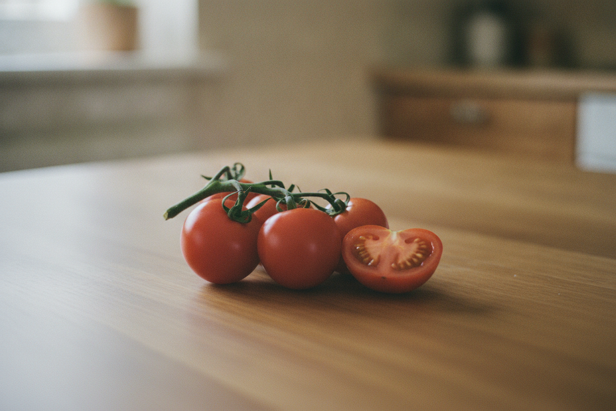 Pomodori maturi sul ramo e uno tagliato a metà