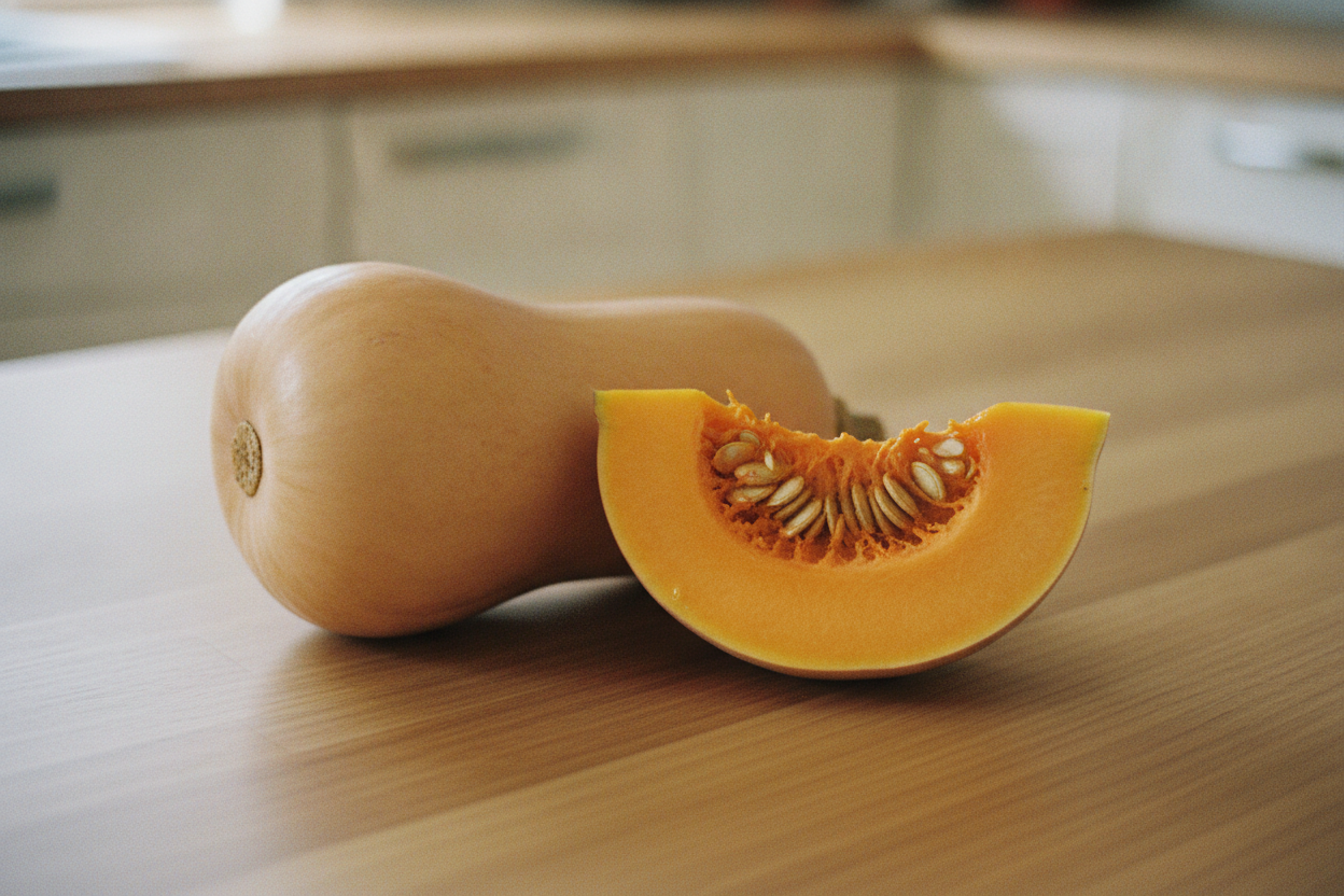 Zucca butternut intera e uno spicchio con i semi