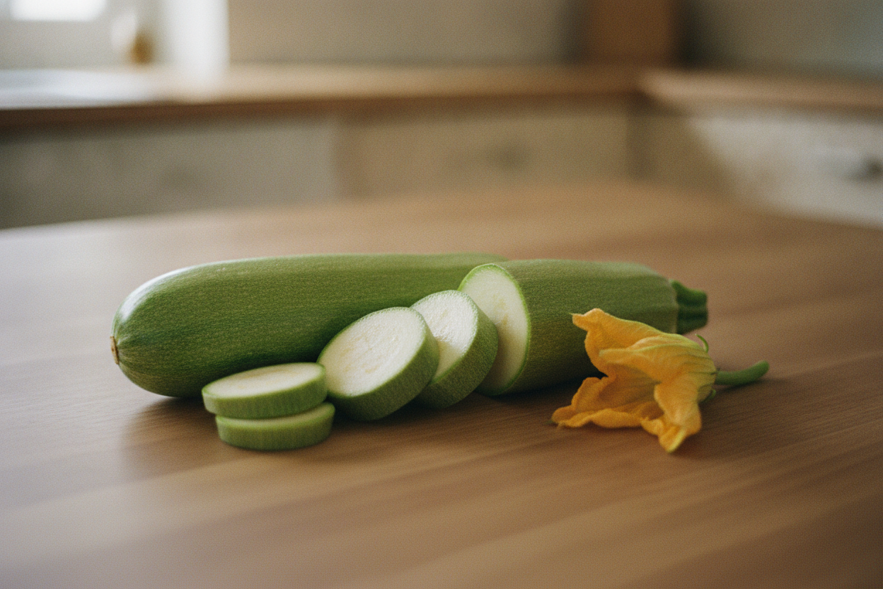 Zucchine fresche con rondelle e un fiore di zucca