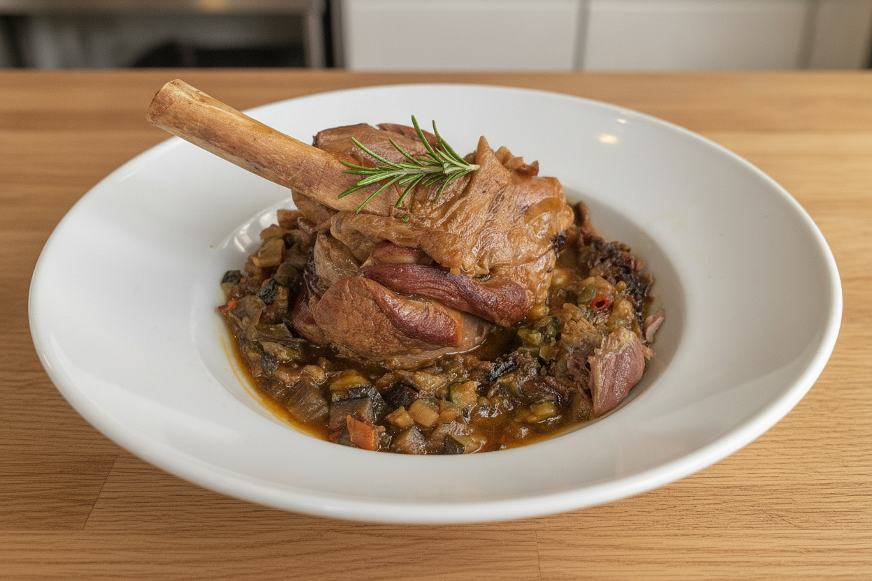 Stinco di agnello brasato al vino con rosmarino su letto di verdure