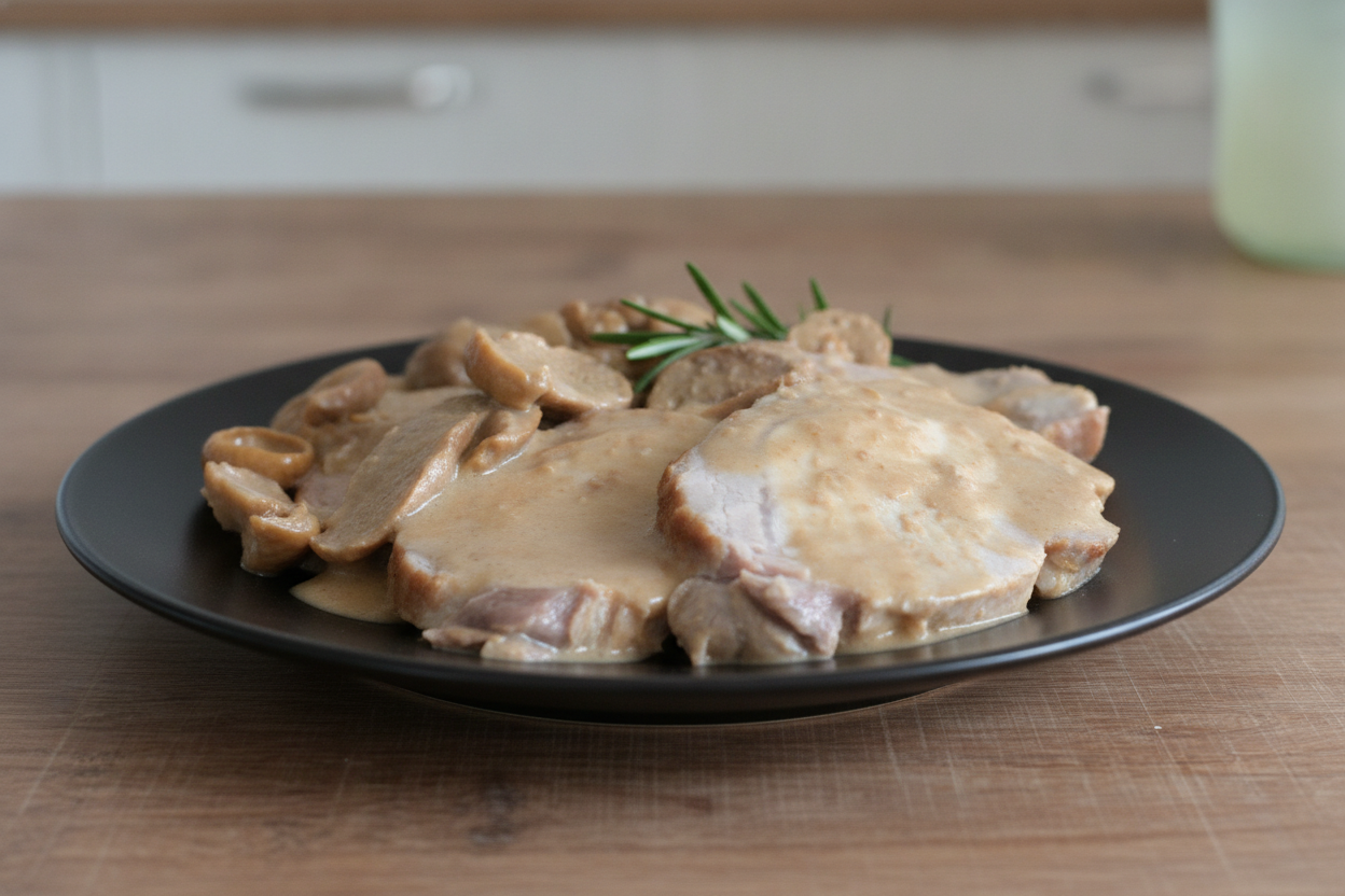 Arrosto di maiale a fette con salsa cremosa ai funghi porcini