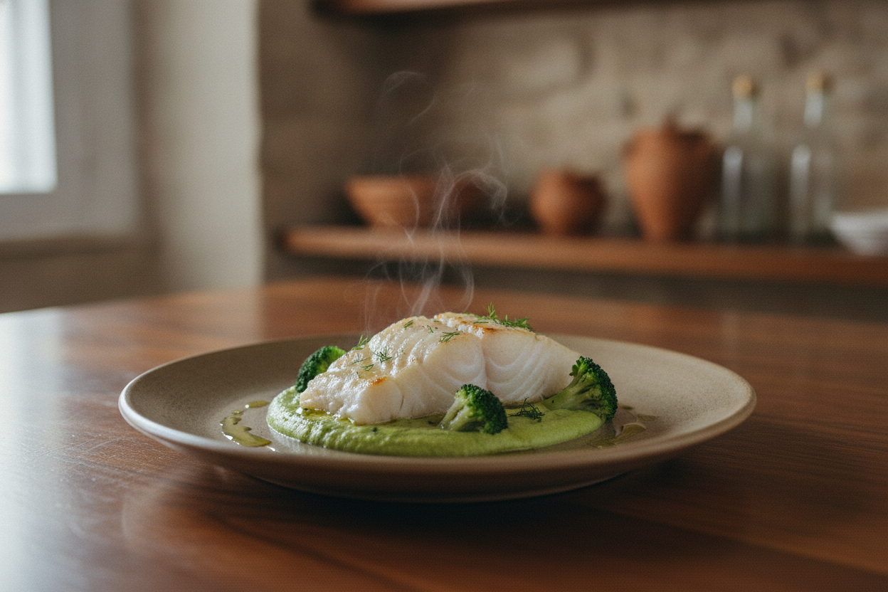 Baccalà al vapore su crema di broccoli siciliani con patata biscottata