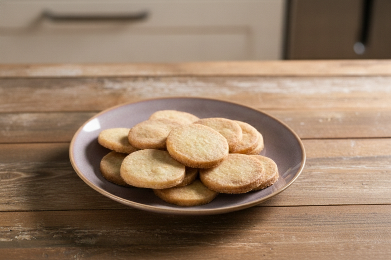 Biscotti al burro dorati su piatto in ceramica