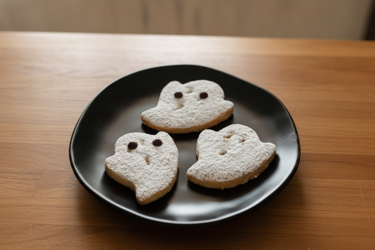 Biscotti fantasmini di Halloween con zucchero a velo e occhietti di cioccolato