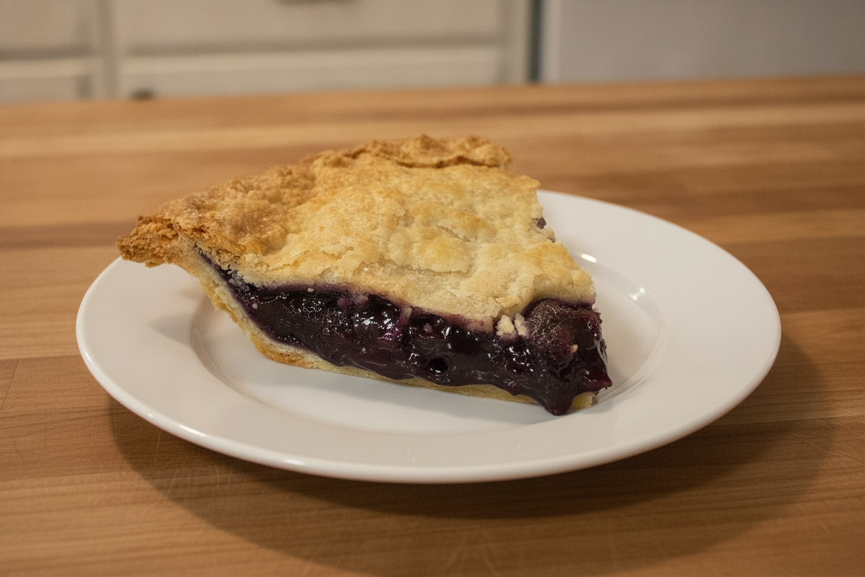 Fetta di blueberry pie americana con doppia crosta e ripieno di mirtilli