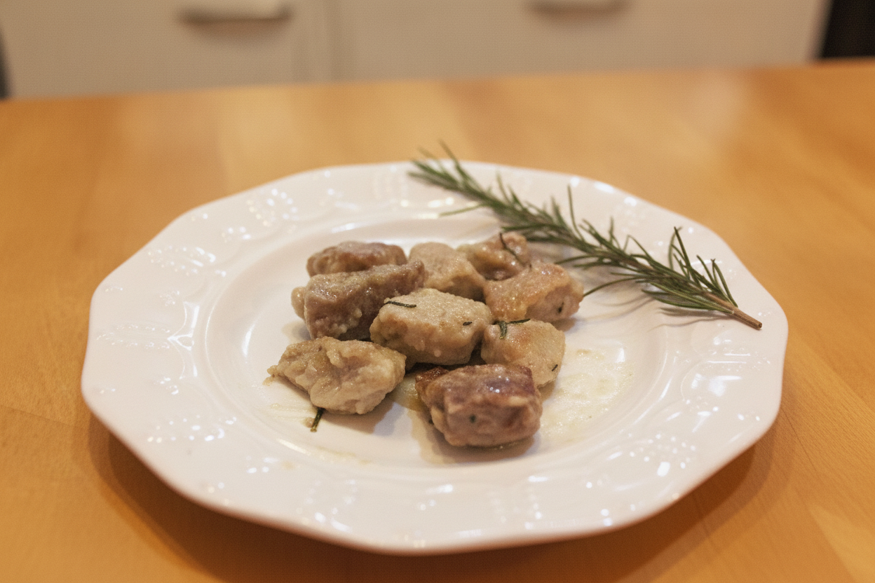 Bocconcini di maiale al rosmarino su piatto bianco