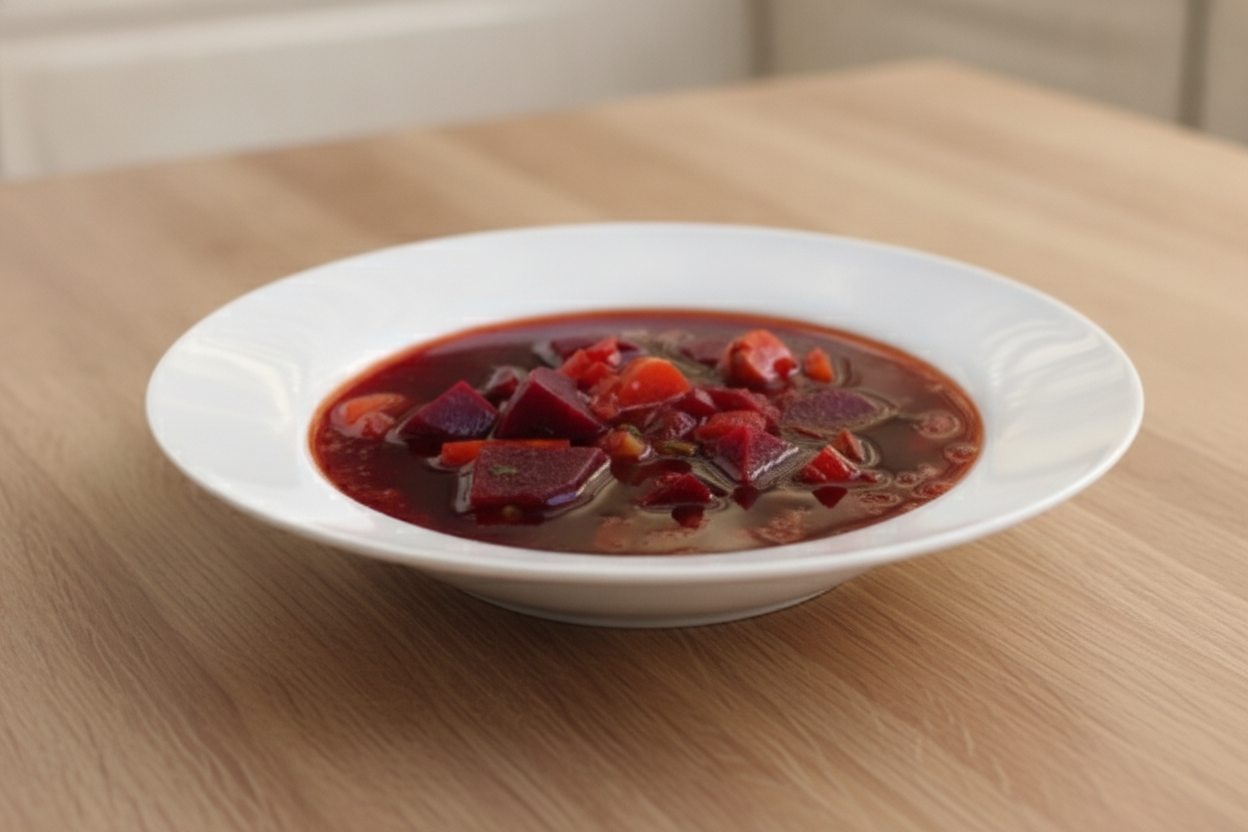 Borsch polacco, zuppa di barbabietole rossa in piatto fondo bianco