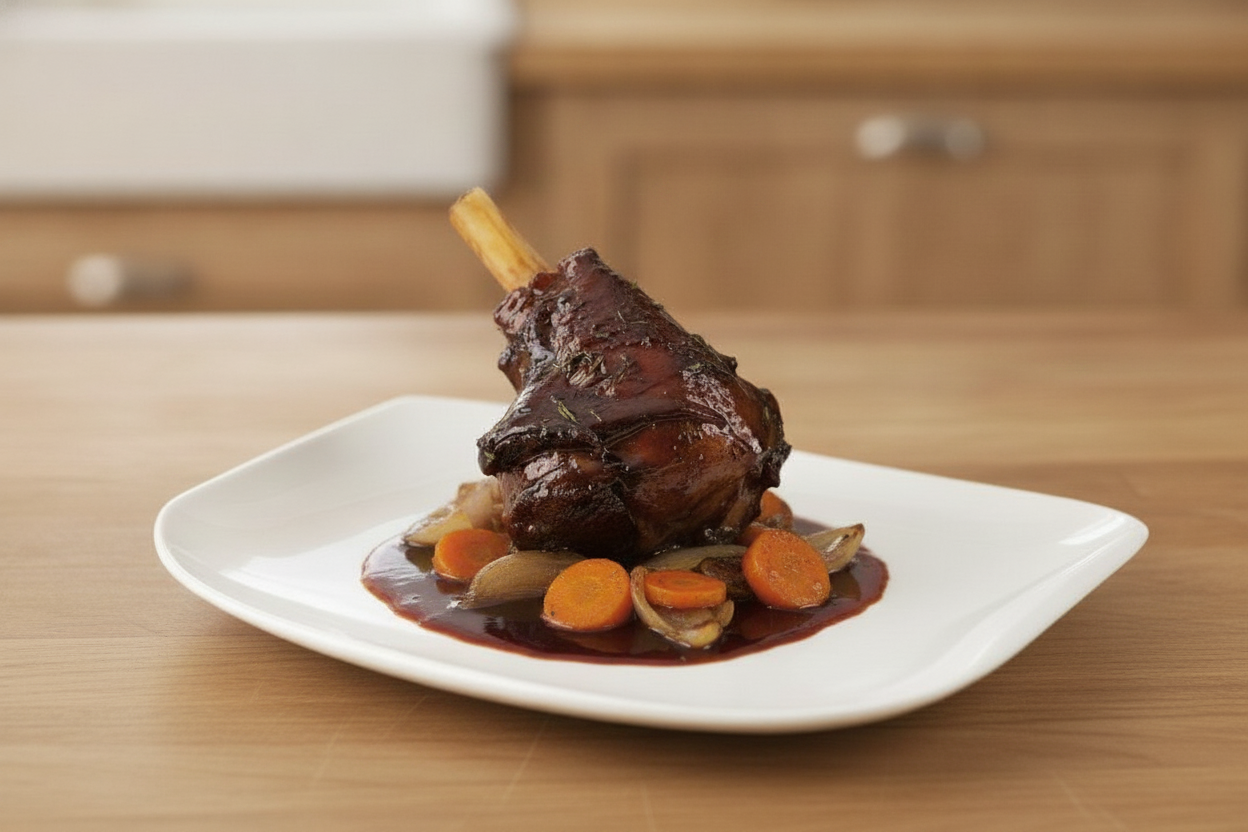 Stinco di agnello brasato al vino rosso con carote
