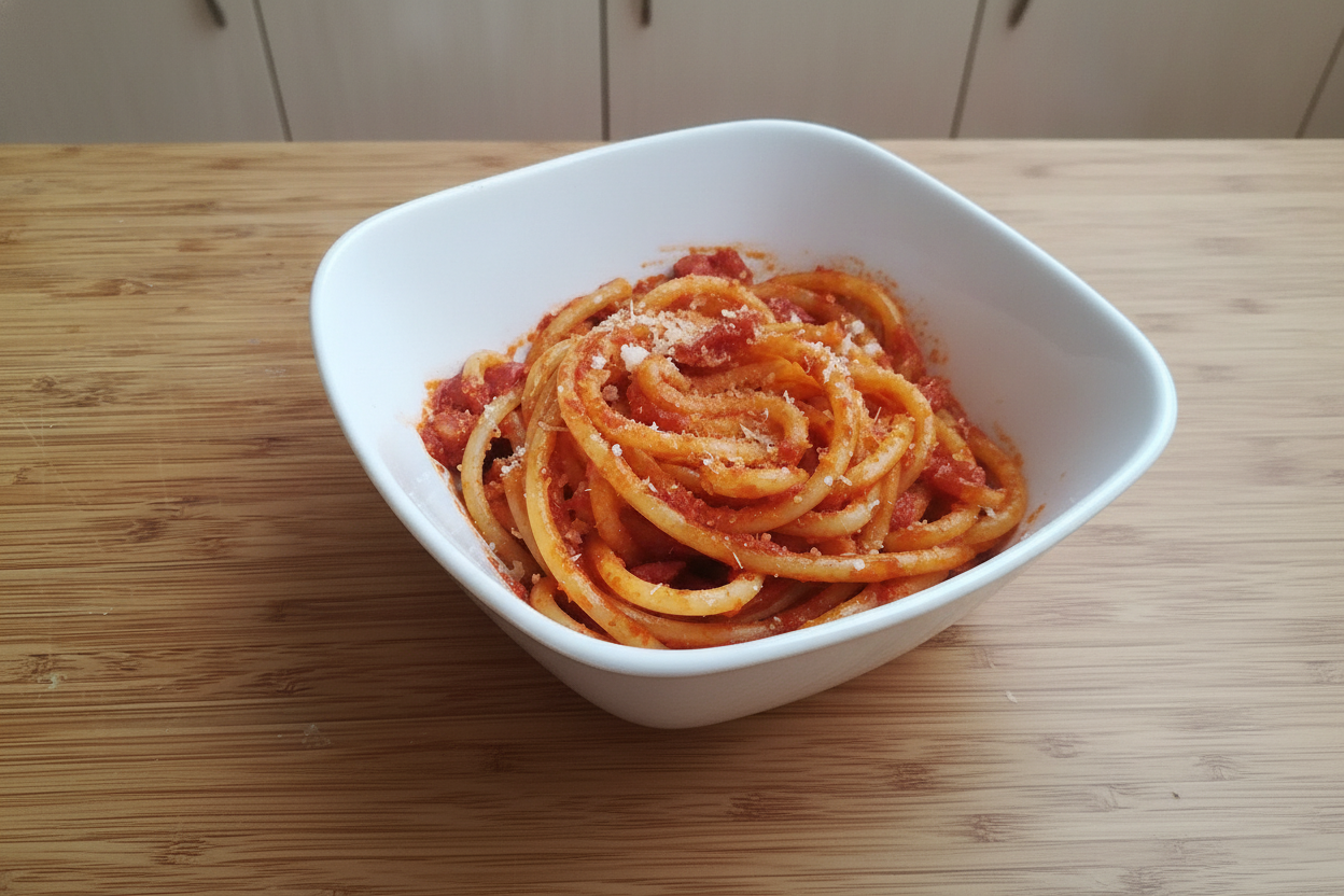 Bucatini all'amatriciana con pecorino in ciotola bianca