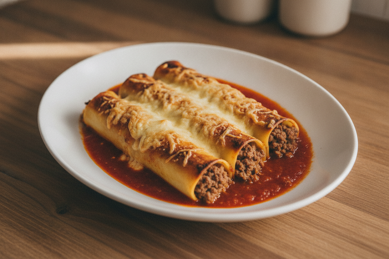 Cannelloni ripieni di carne gratinati con pomodoro e besciamella