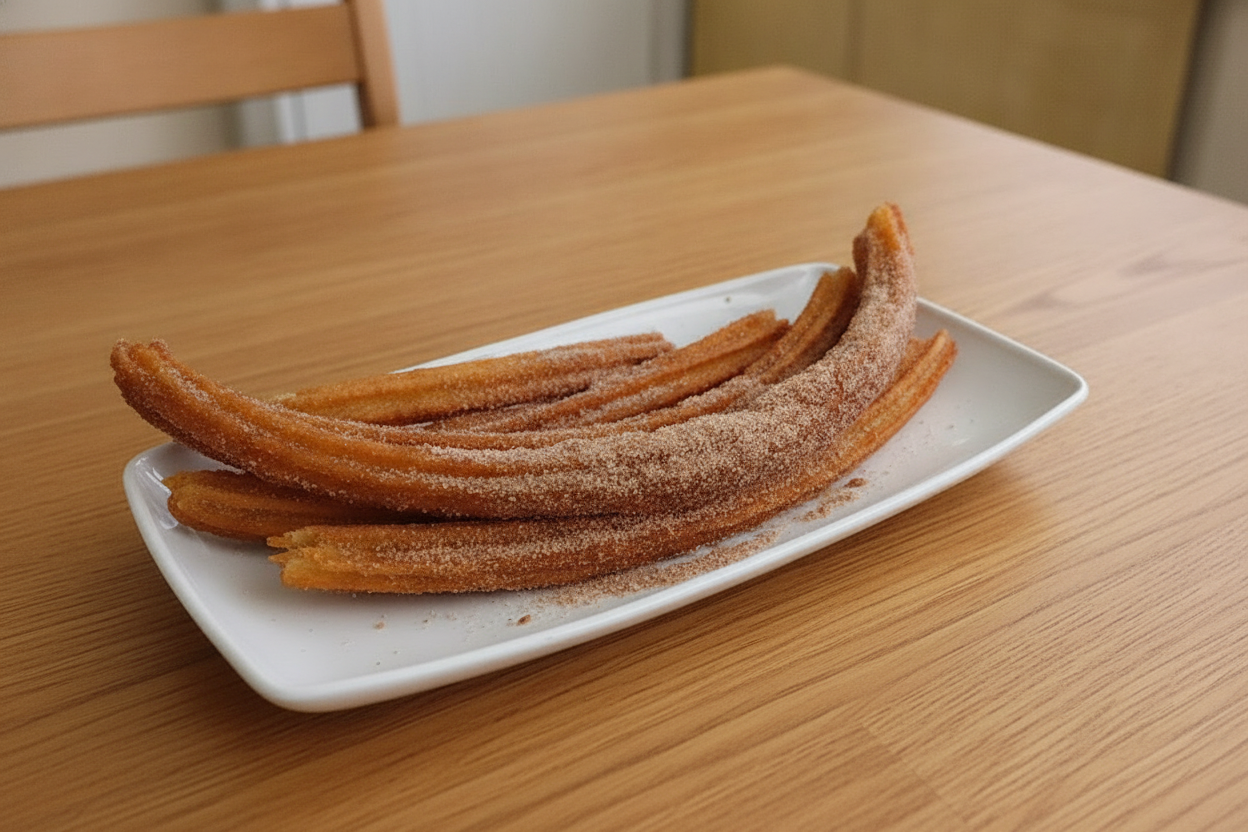 Churros spagnoli con zucchero e cannella su piatto bianco
