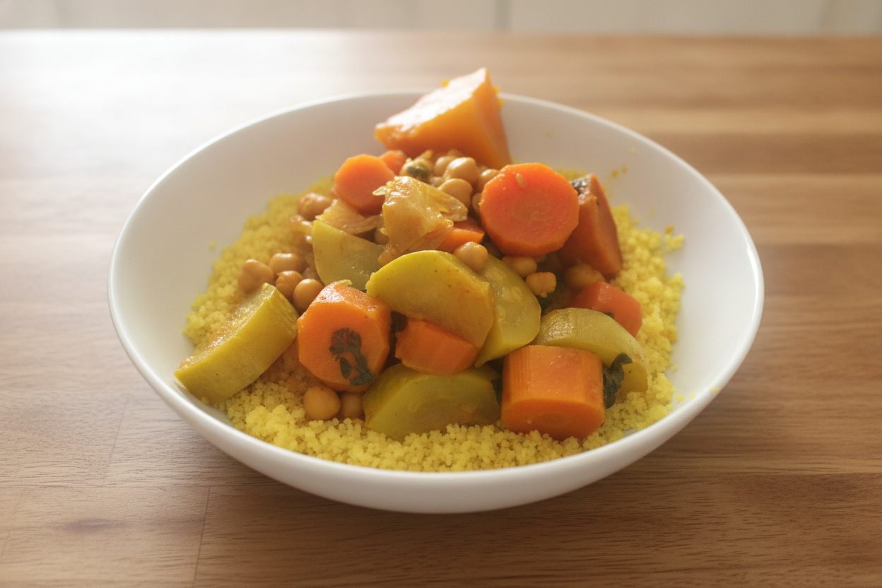 Cous cous marocchino con ceci e verdure speziate su piatto bianco