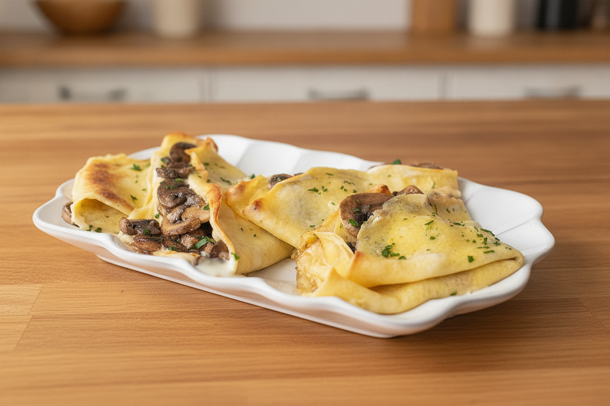 Crespelle ripiene di funghi con besciamella su piatto da portata