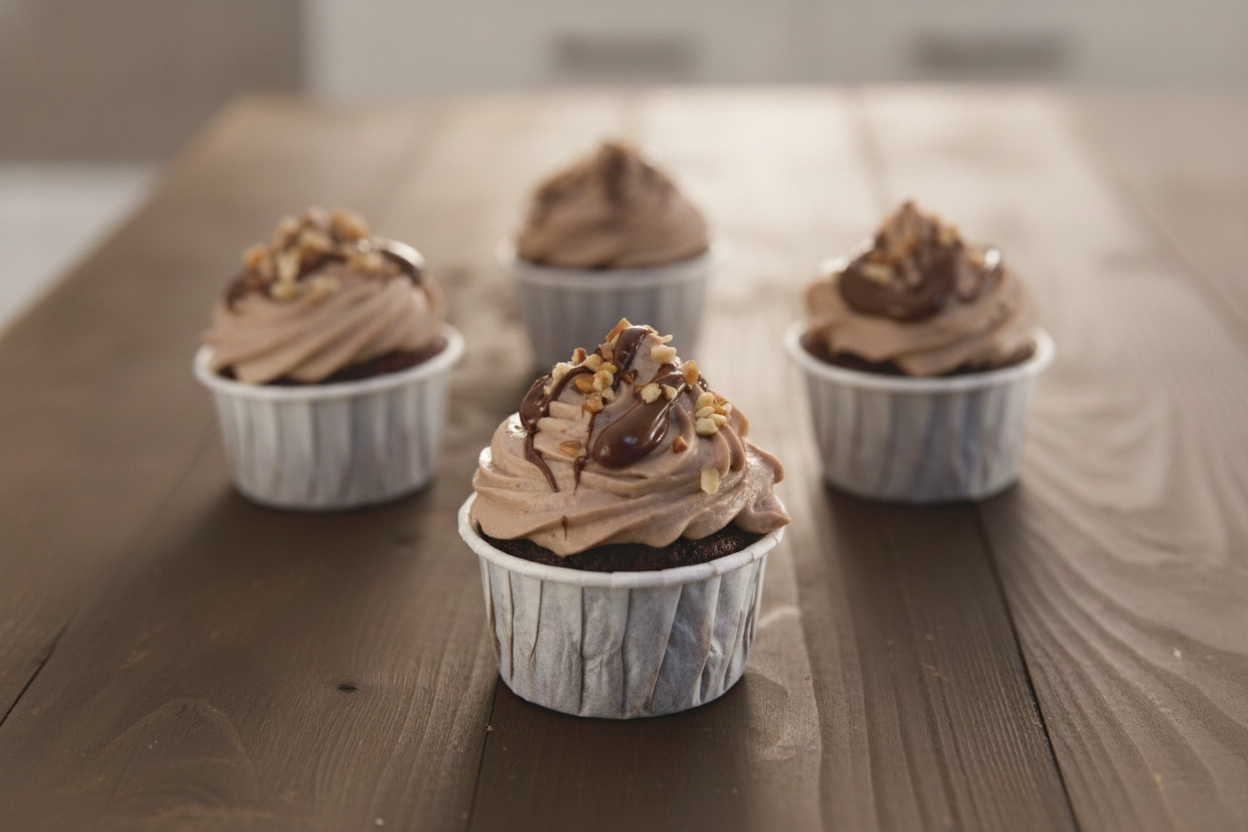 Cupcake al cacao con ciuffo di crema alla Nutella e granella di nocciole