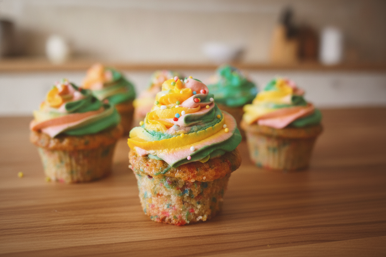 Cupcake arcobaleno con frosting colorato e zuccherini