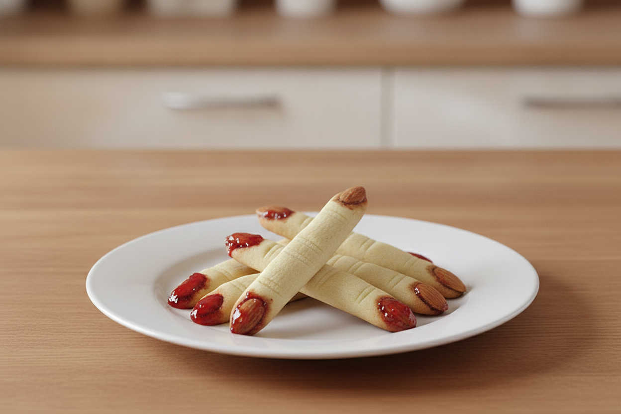 Biscotti dita di strega con unghia di mandorla e marmellata di fragole
