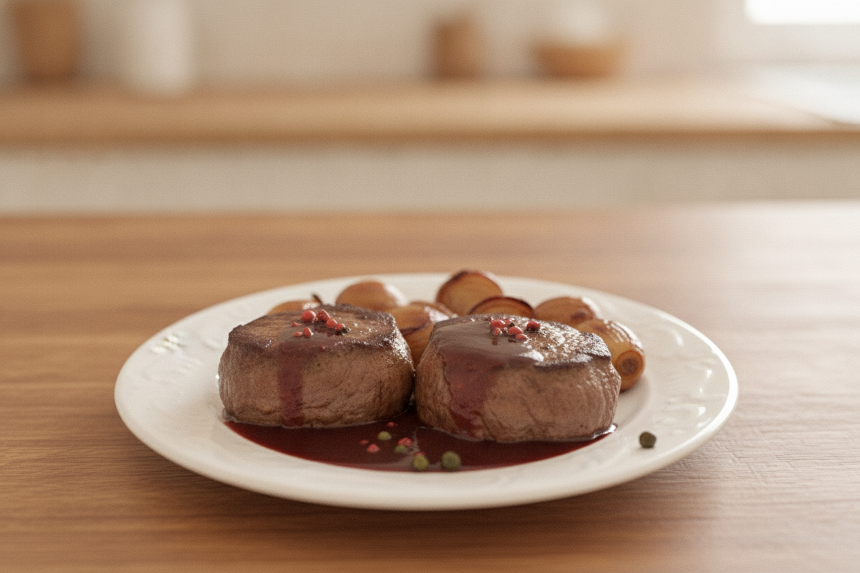 Medaglioni di filetto al vino rosso con scalogni glassati