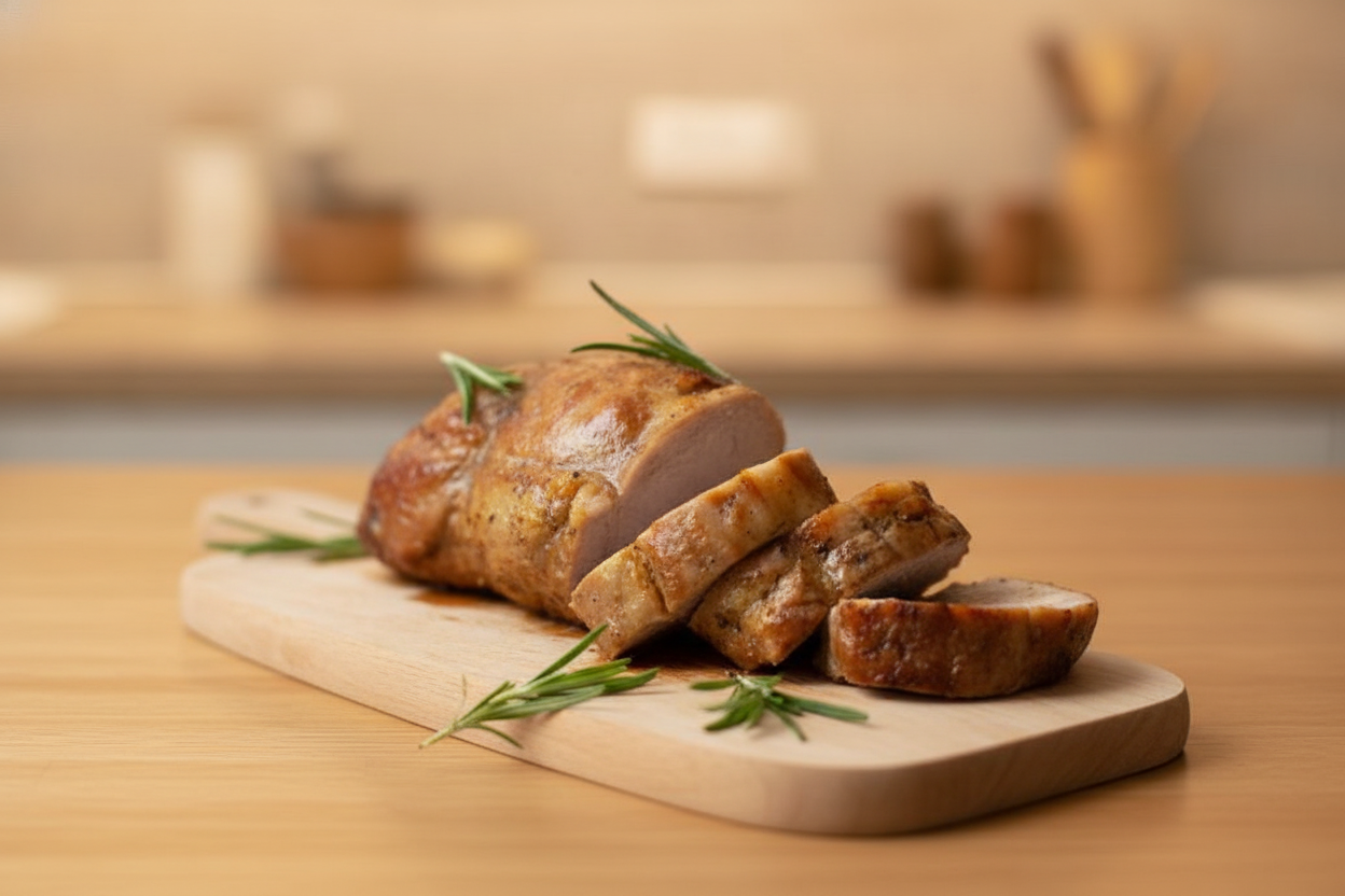 Filetto di maiale al forno affettato su tagliere con rosmarino