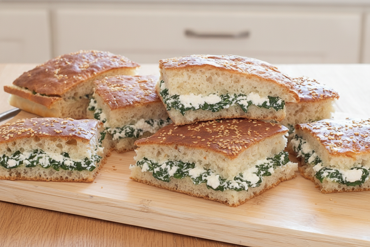 Quadrotti di focaccia ripiena di ricotta e spinaci su tagliere