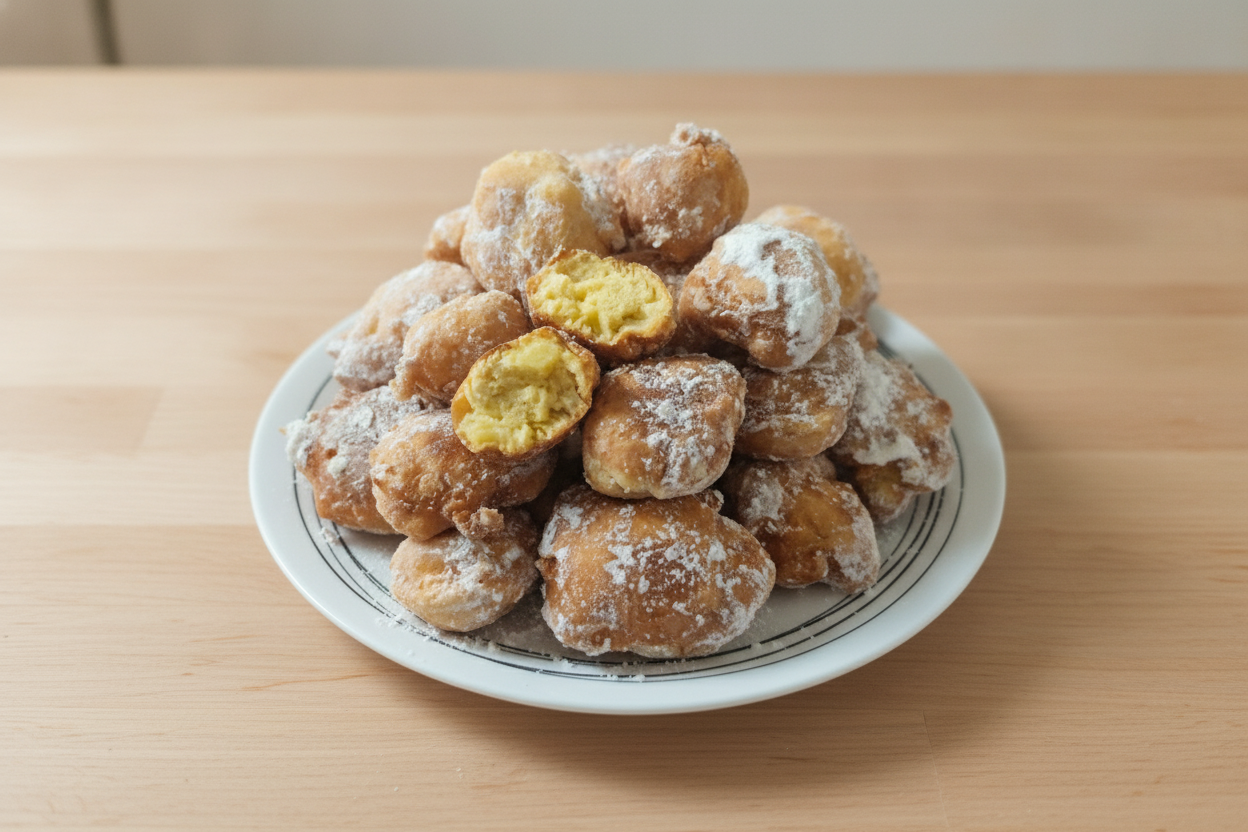 Frittelle di mele fritte con zucchero a velo su piatto
