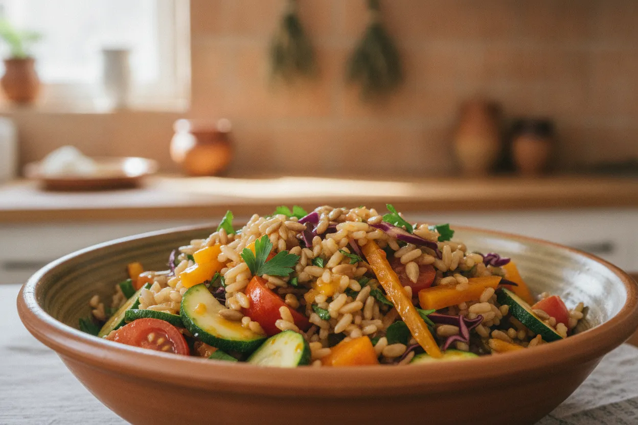Insalata di riso integrale con vinaigrette all'arancia