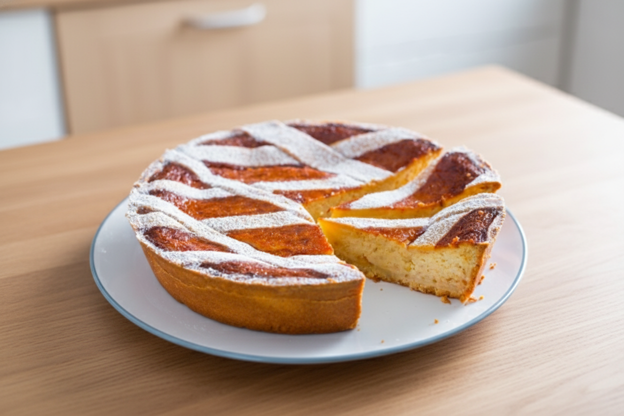 Pastiera napoletana con griglia di frolla dorata e zucchero a velo