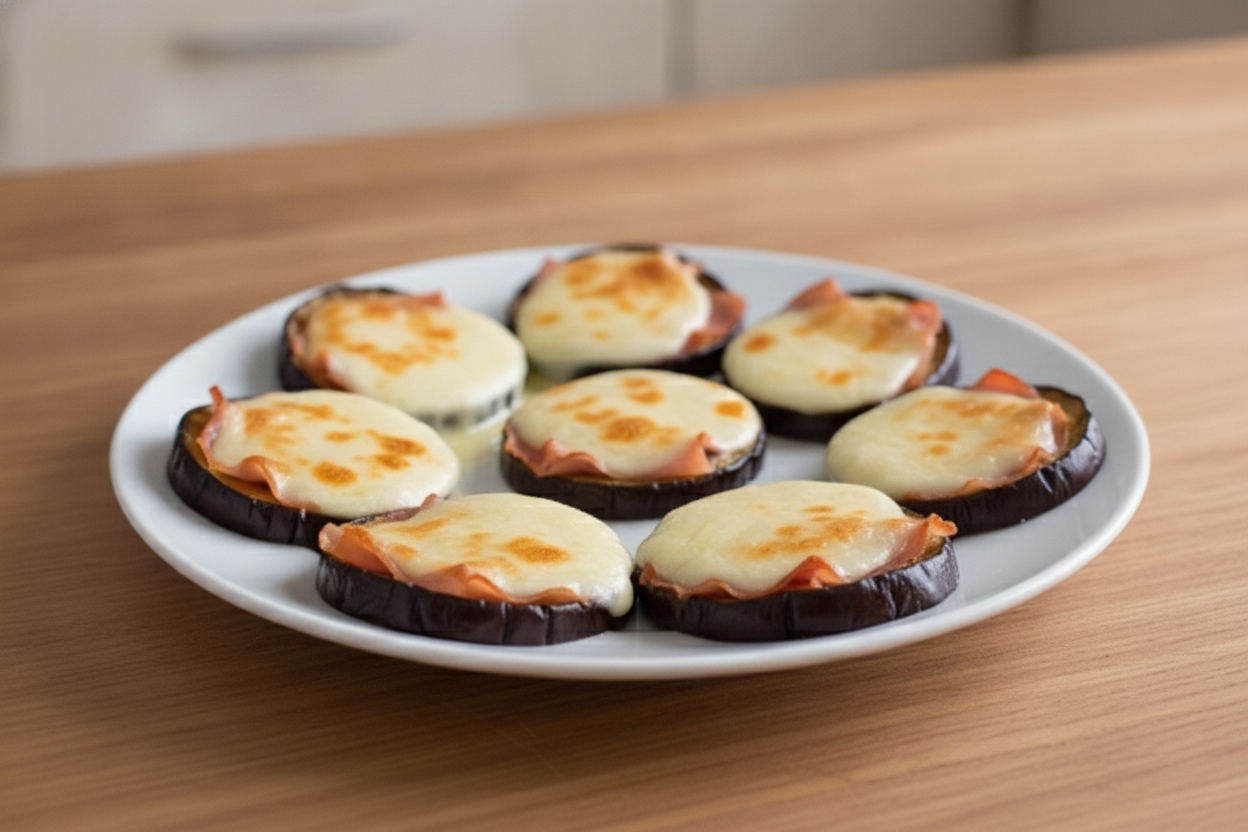 Fettine di melanzane al forno con mozzarella filante e prosciutto cotto