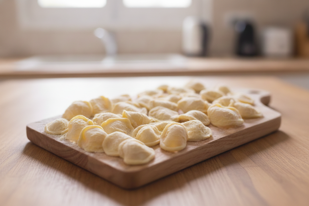 Orecchiette fresche fatte in casa su tagliere di legno