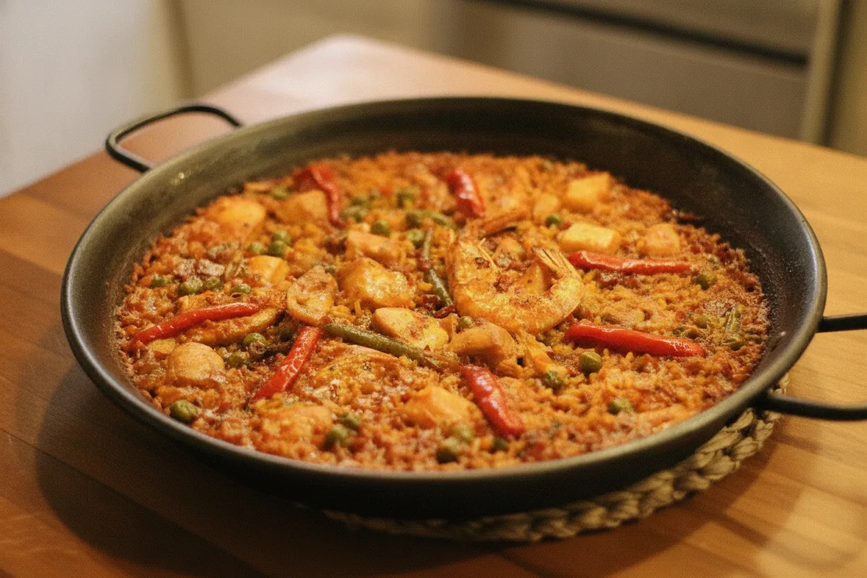 Paella facile con salsiccia, gamberi e peperoni
