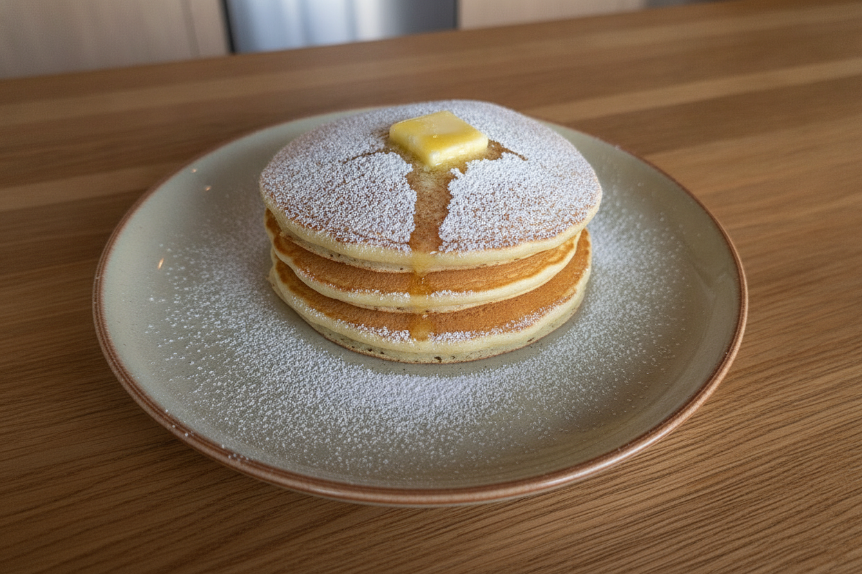 Pila di pancake soffici all'americana con burro, sciroppo e zucchero a velo