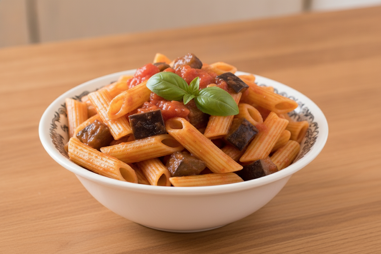 Penne con sugo di melanzane, pomodoro e basilico fresco