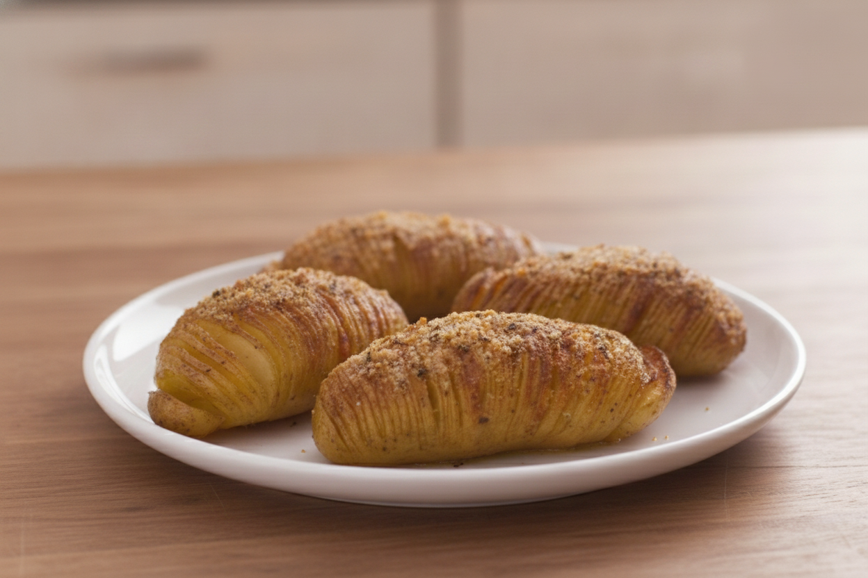 Patate Hasselback gratinate con pangrattato e pecorino su piatto bianco