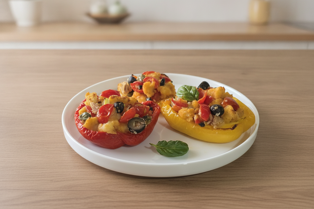 Peperoni ripieni di tonno con olive e capperi gratinati