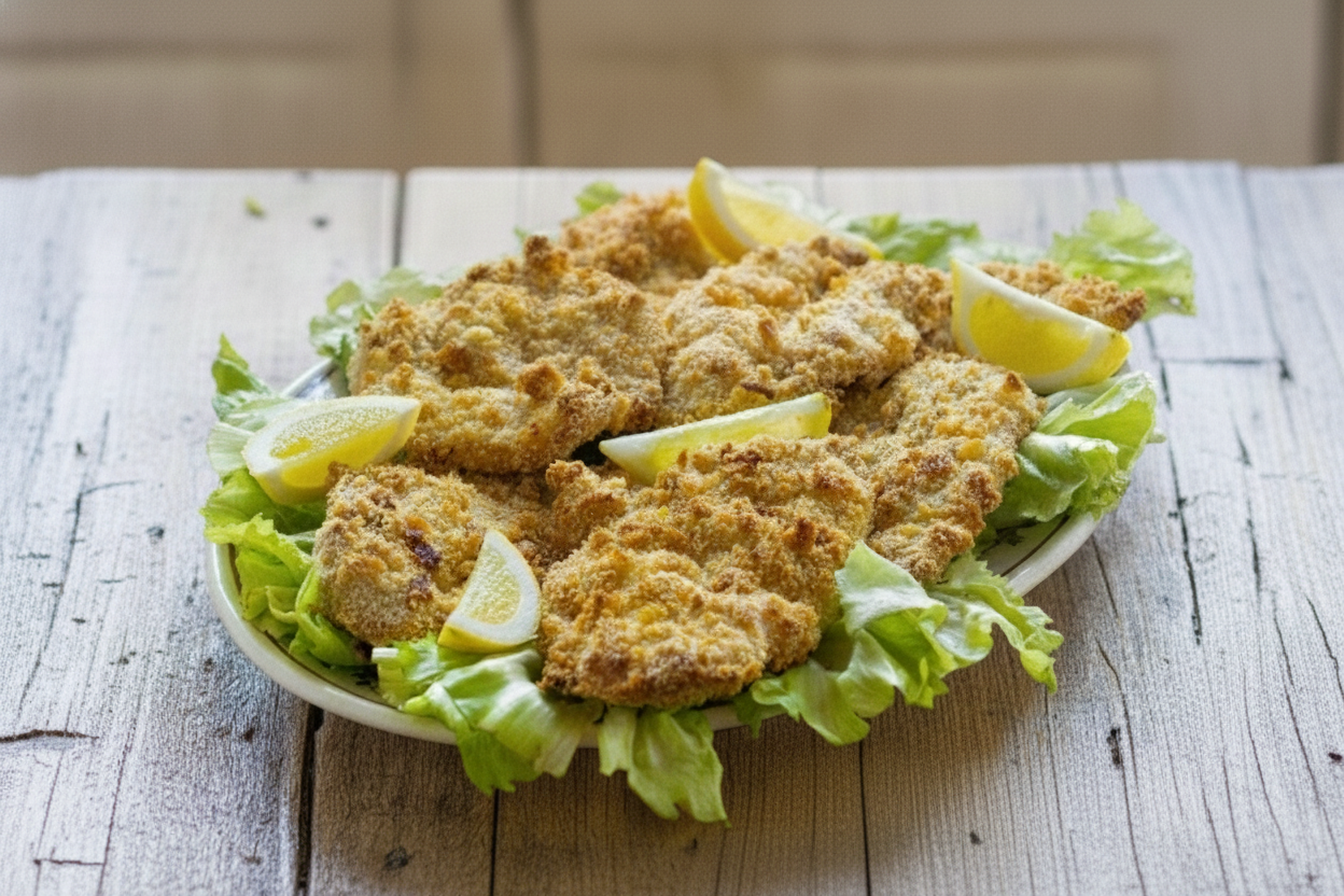 Cotolette di pollo impanate al forno su letto di insalata con limone