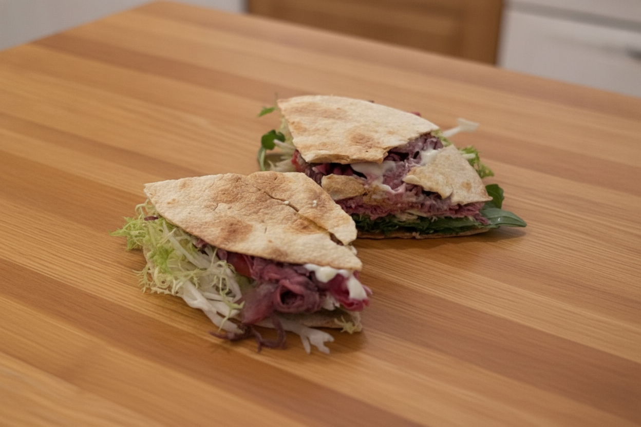 Piadina romagnola all'olio farcita, tagliata a metà
