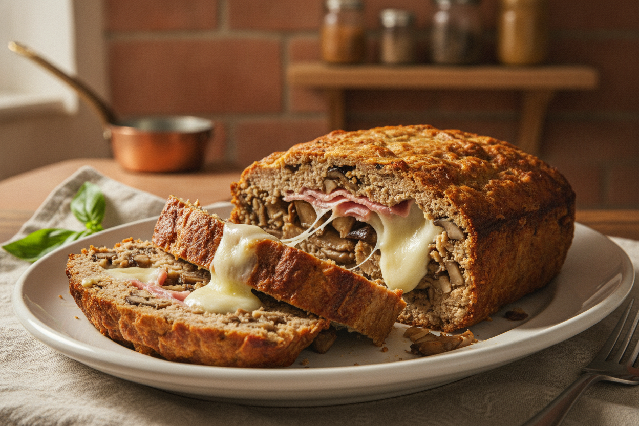 Polpettone al forno con funghi, prosciutto e scamorza