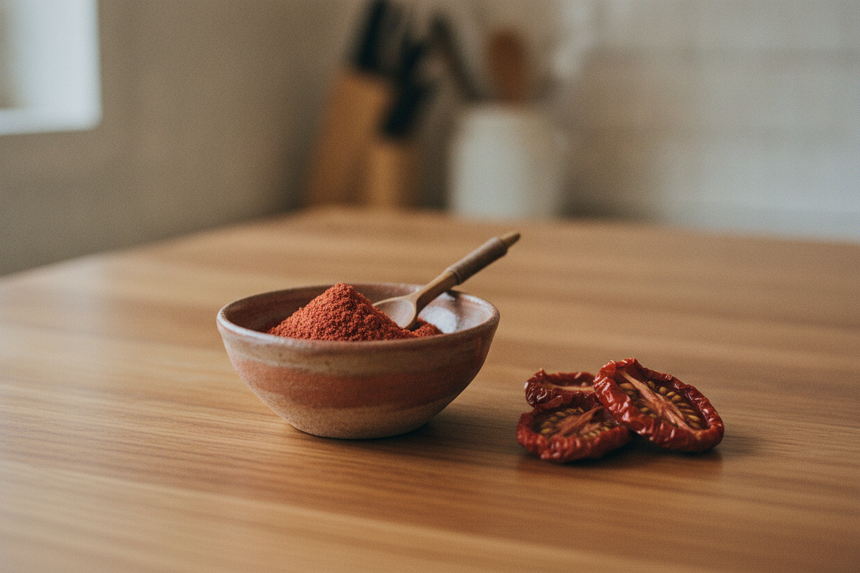 Ciotolina di polvere di pomodori secchi con pomodori secchi interi accanto