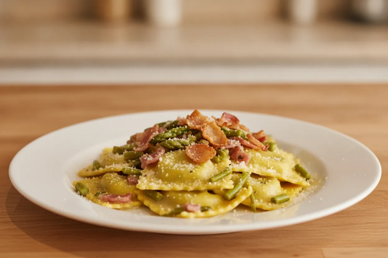 Ravioli con crema di asparagi e pancetta