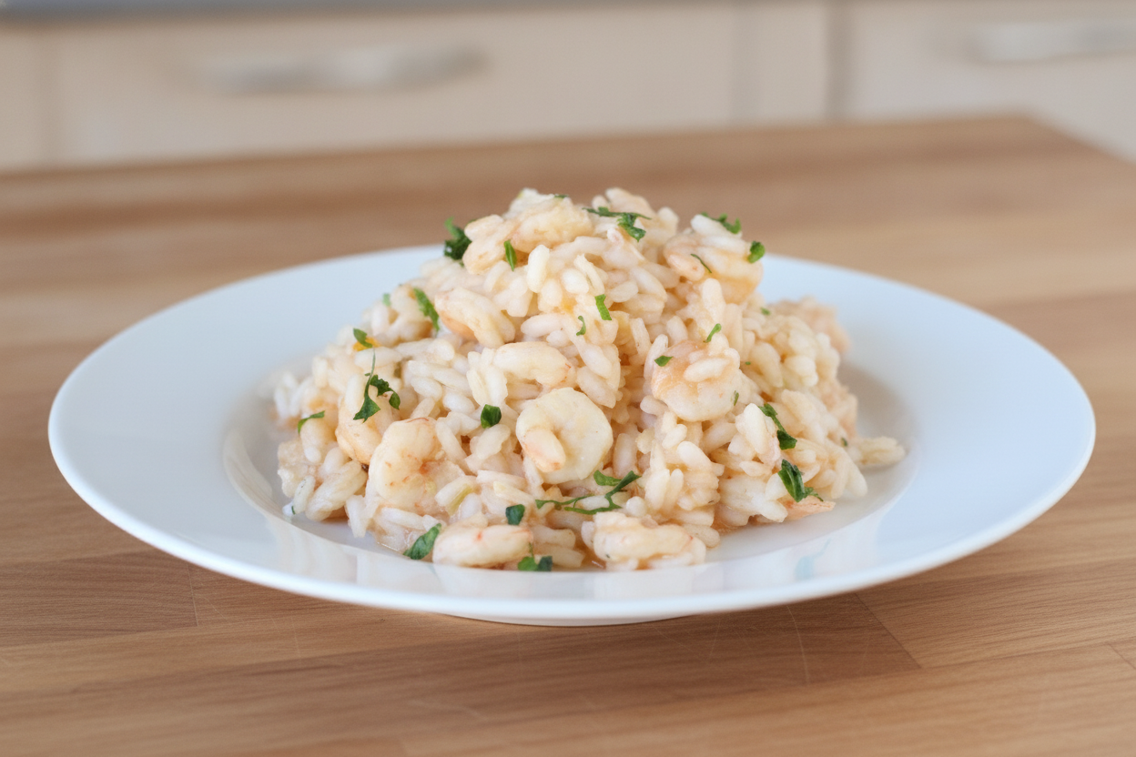 Risotto ai gamberi con prezzemolo su piatto bianco
