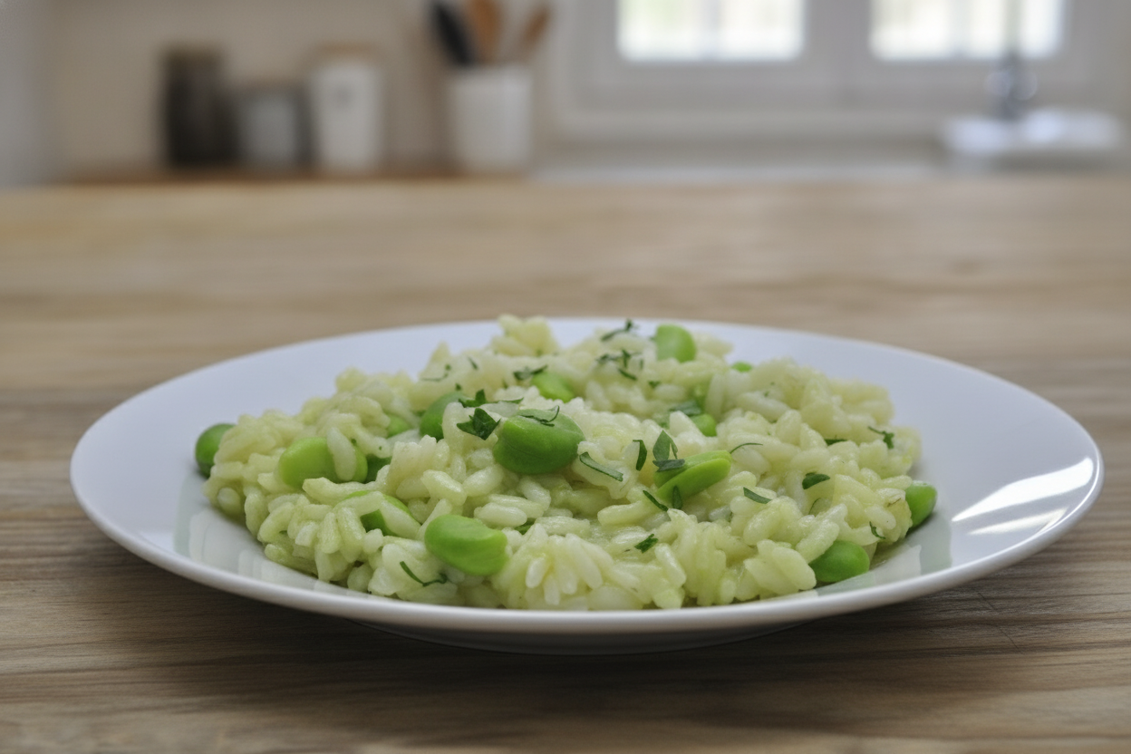 Risotto verde alle fave fresche su piatto bianco