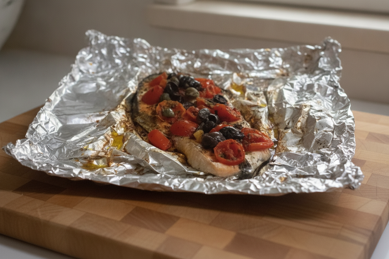 Salmone al cartoccio con olive e capperi