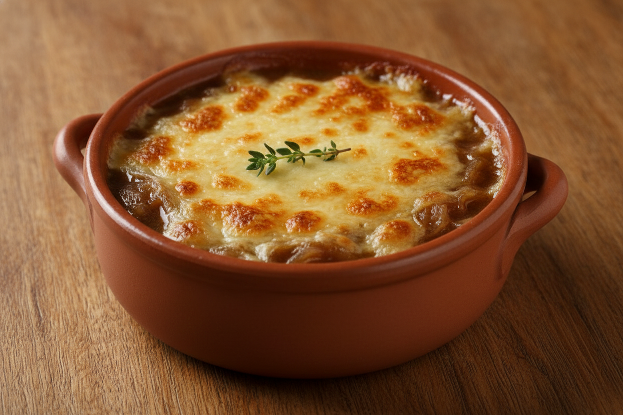 Soupe à l'oignon gratinata in cocotte di terracotta con timo