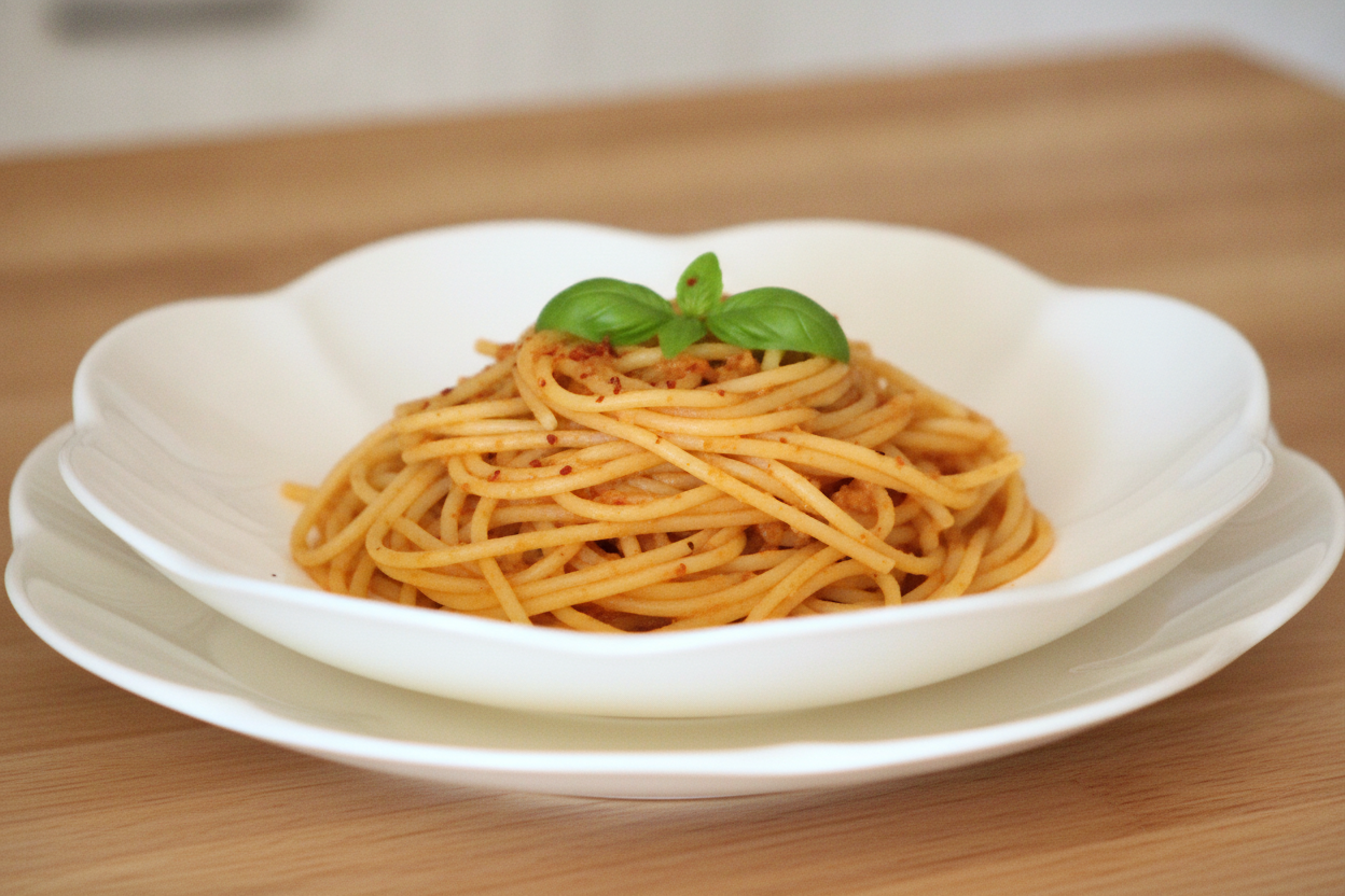 Spaghetti al pesto di pomodori secchi con basilico e peperoncino