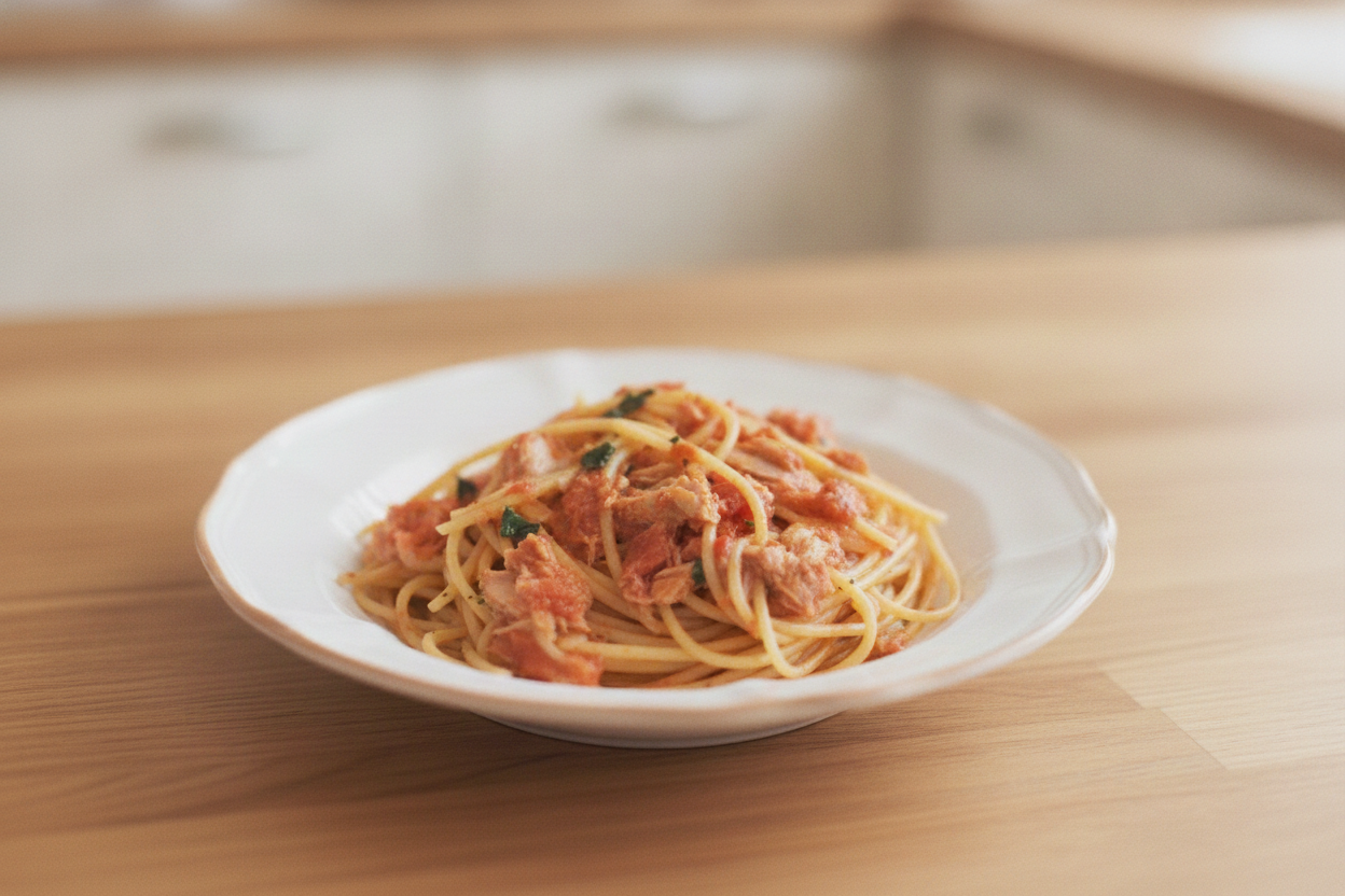 Spaghetti col tonno al pomodoro su piatto bianco