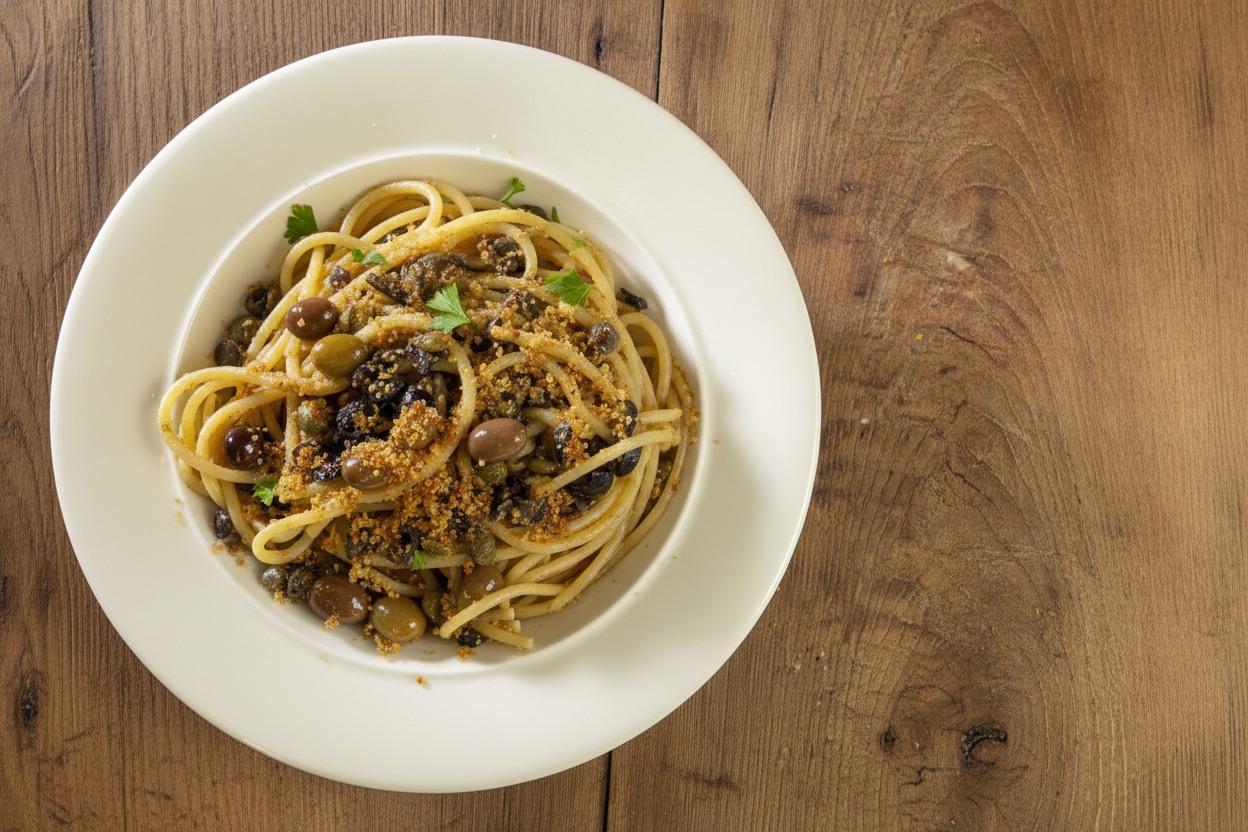 Spaghetti con acciughe, capperi e olive
